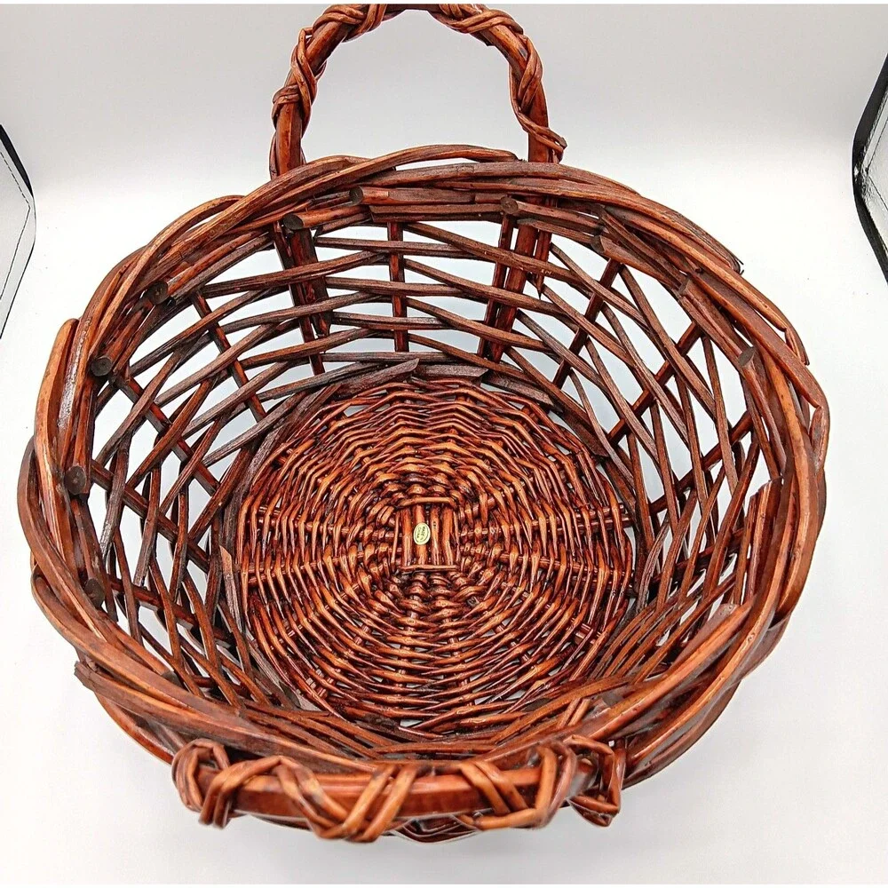 Wicker Gathering Basket Brown Thick Woven Side Handle Round Decor Bread Fruit 9